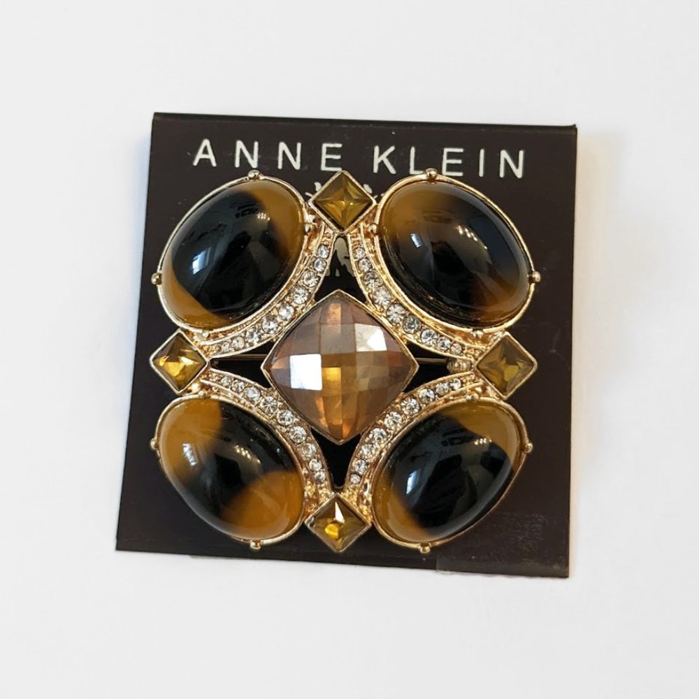 Faux Tortoise Shell Rhinestone Gold Tone Brooch Pin Anne Klein New